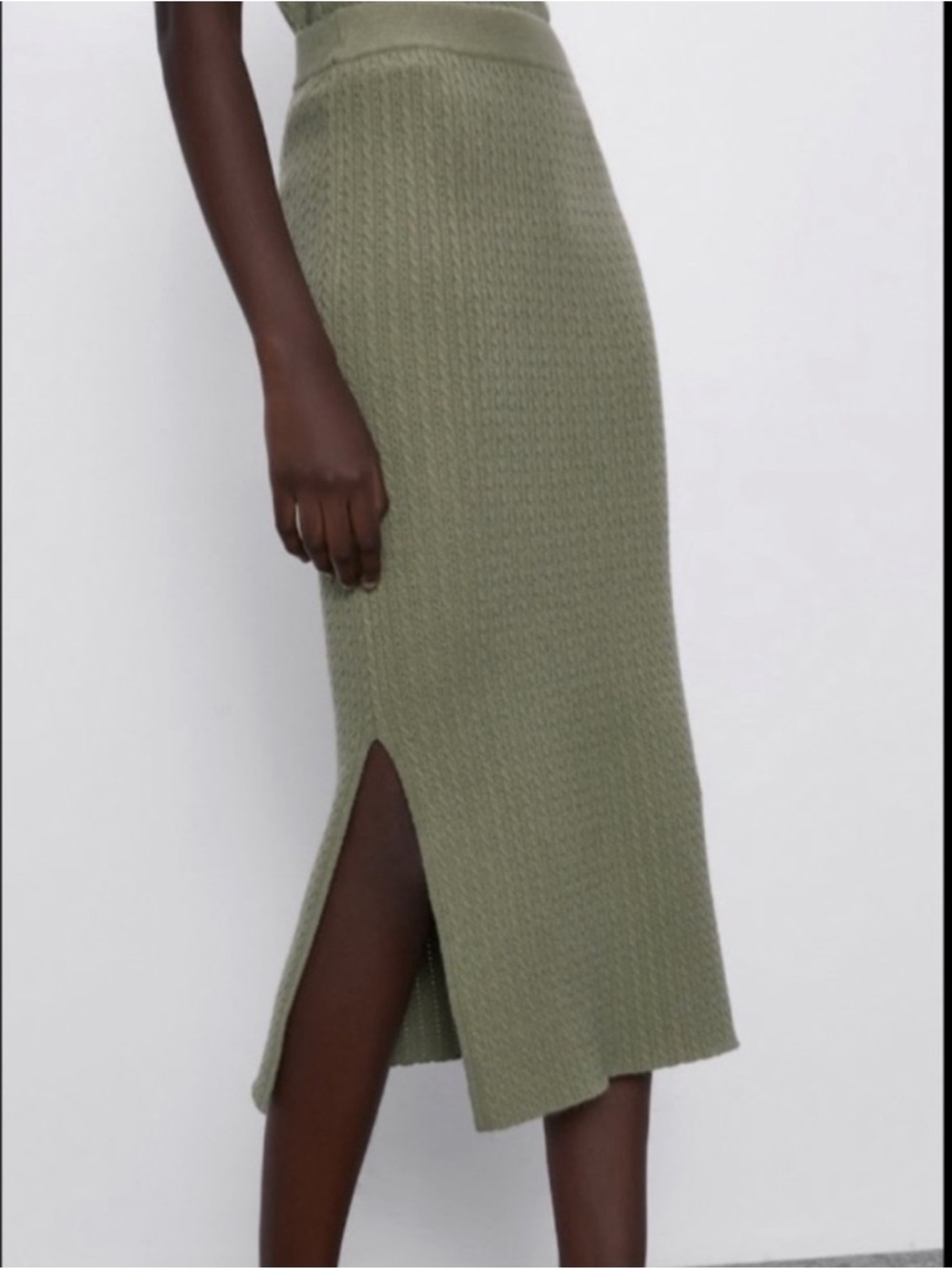 Zara Olive Knit Midi Skirt with Side Slit